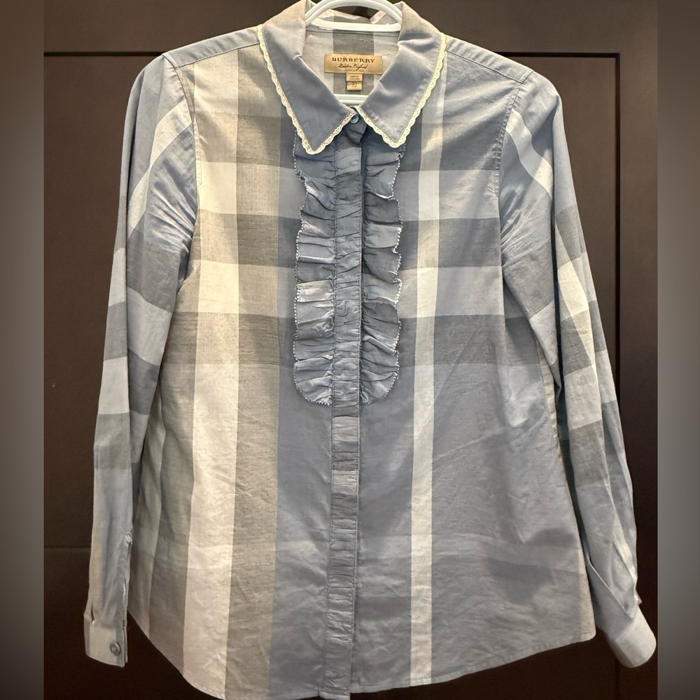 Burberry Blue Plaid Long Sleeve Button Up Ruffle Shirt